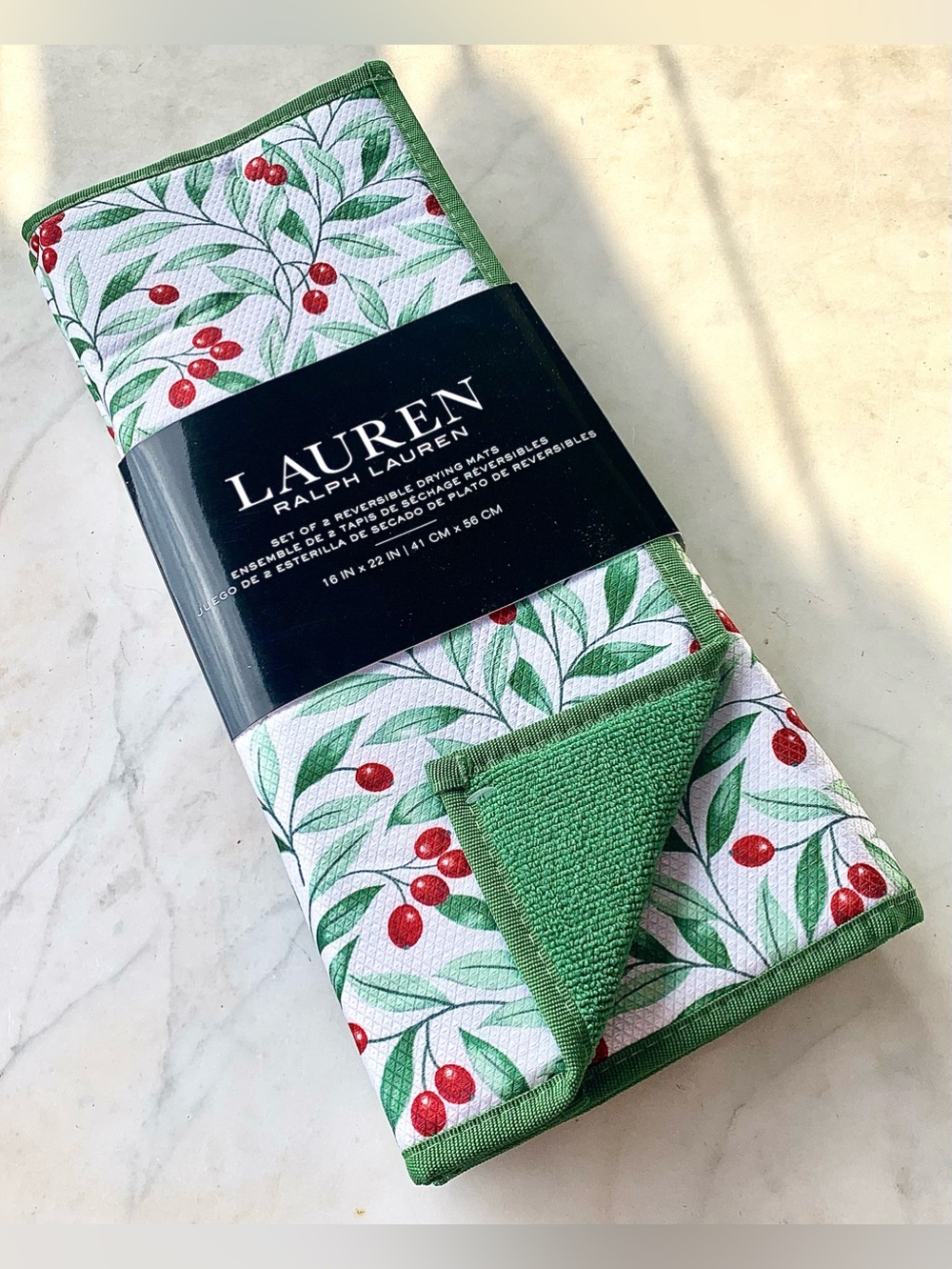 RALPH LAUREN KITCHEN DRYING MATS REVERSIBLE GREEN RED BERRIES SET NEW